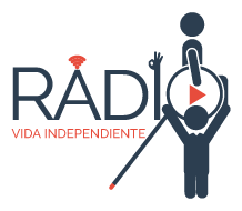Independent Living Logo - Word RADIO made up of several figures: a person in a wheelchair, a blind person raising his arms as a sign of freedom and a hand in the form of sign language. It also accompanies a radio network on the text and the phrase Independent Life as a slogan.